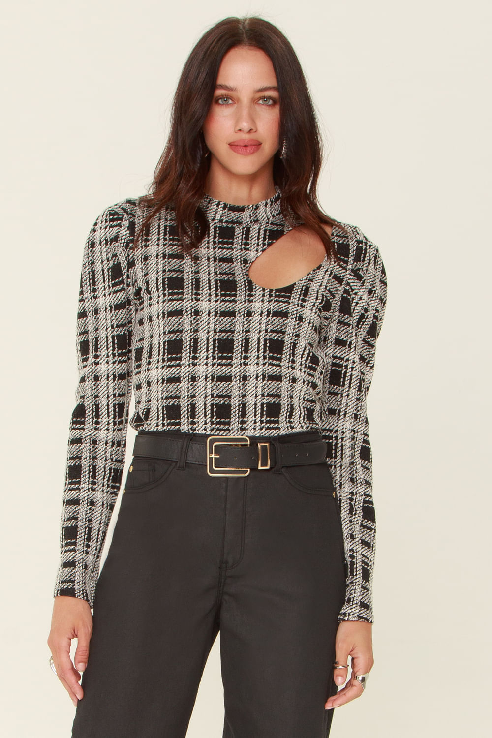 Blusa Manga Longa Jacquard Preto
