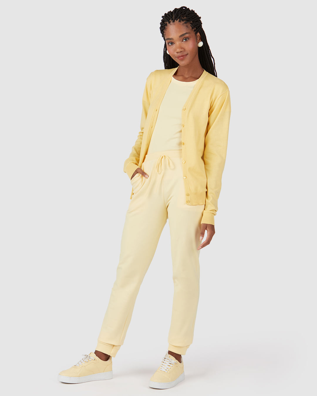 Calça Básica Feminina Bolsos Laterais Em Moletom Stretch Flanelado