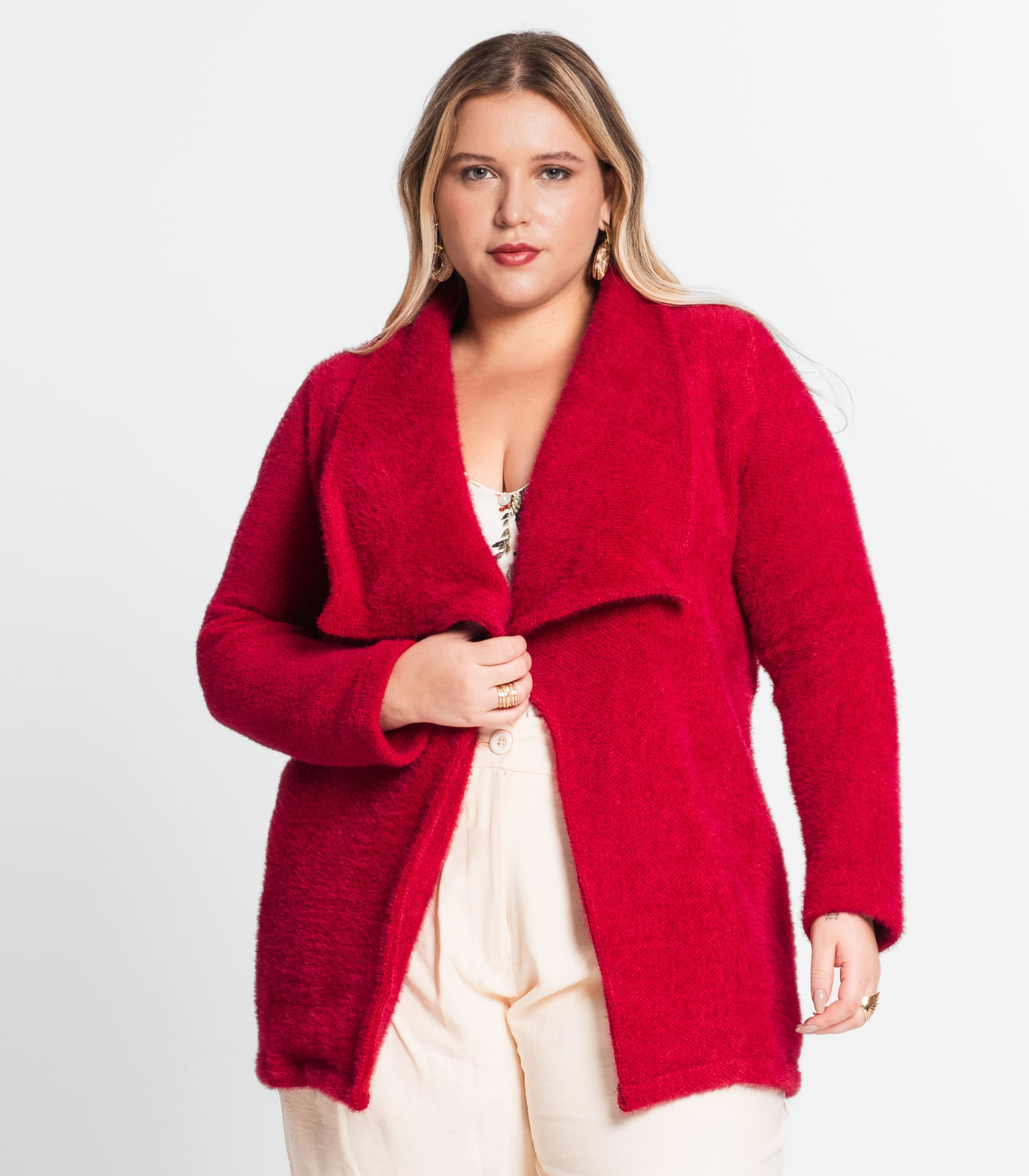 Casaco Feminino Plus Size Em Tweed Secret Glam Vermelho