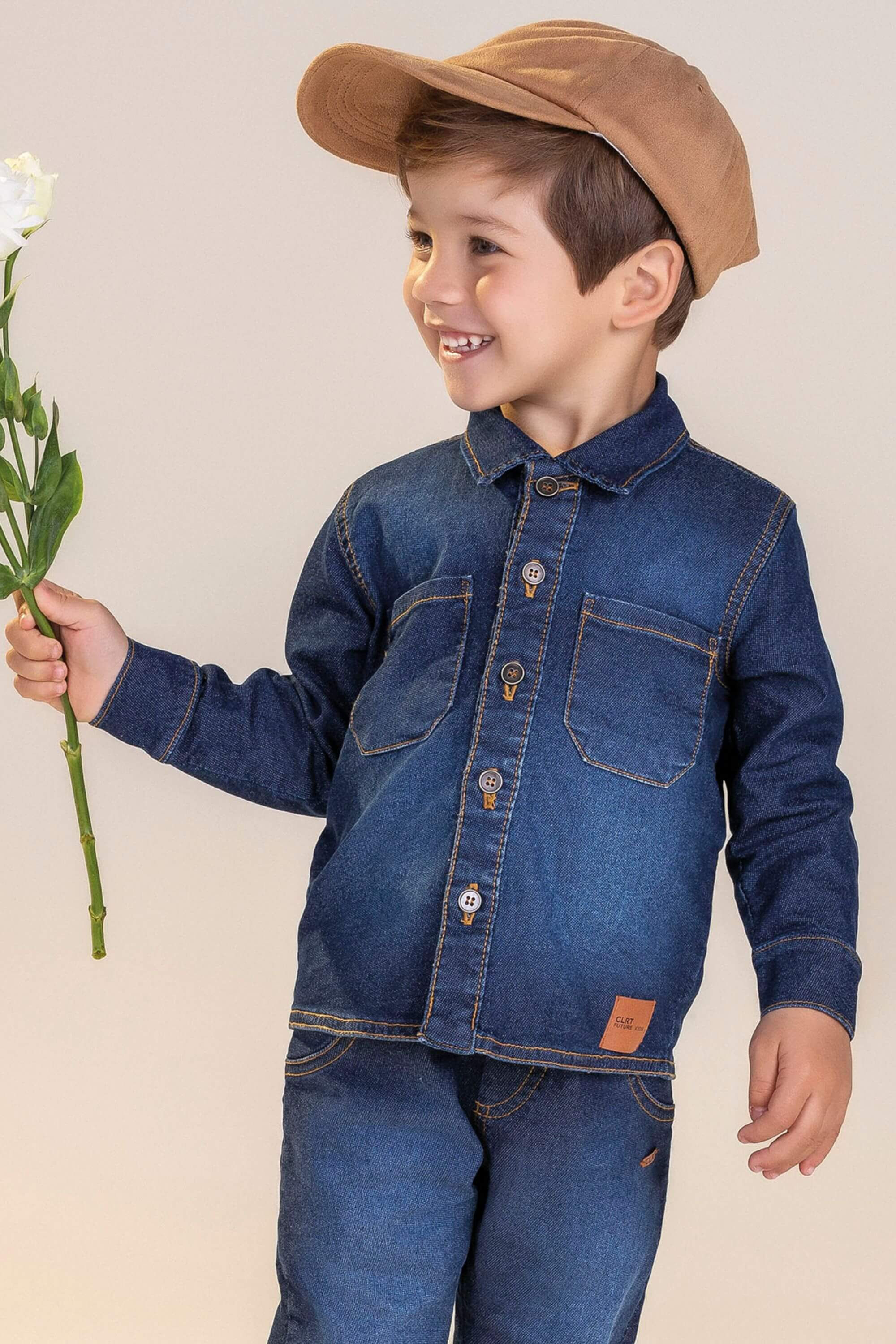 Camisa Infantil Menino em Moletom Jeans Colorittá Azul Marinho