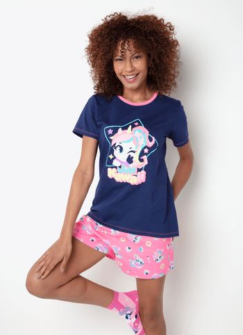 Pijama Manga Curta Algodão Feminino Unicórnio Kawaii PP