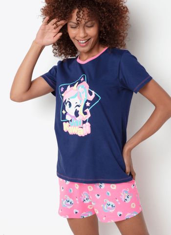 Pijama Manga Curta Algodão Feminino Unicórnio Kawaii PP