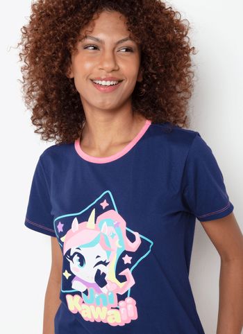 Pijama Manga Curta Algodão Feminino Unicórnio Kawaii PP