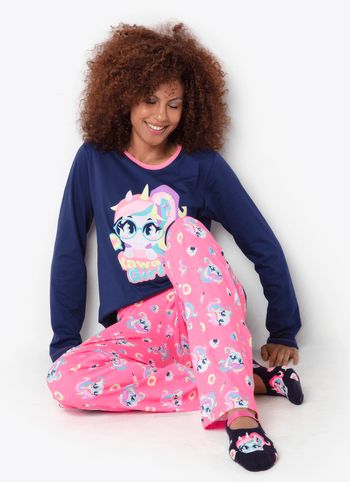 Pijama Manga Longa Algodão Feminino Unicórnio Kawaii PP