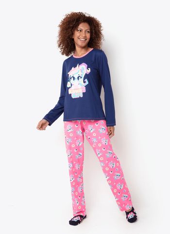 Pijama Manga Longa Algodão Feminino Unicórnio Kawaii PP