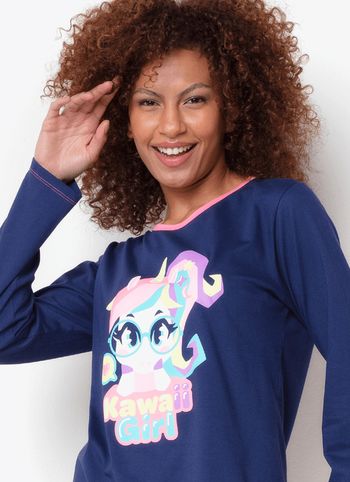 Pijama Manga Longa Algodão Feminino Unicórnio Kawaii PP