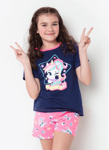 Pijama Manga Curta Algodão Menina Teen Unicórnio Kawaii 8