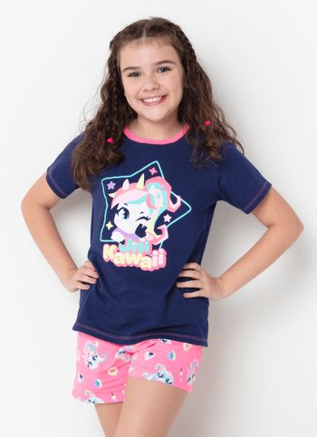 Pijama Manga Curta Algodão Menina Teen Unicórnio Kawaii 8