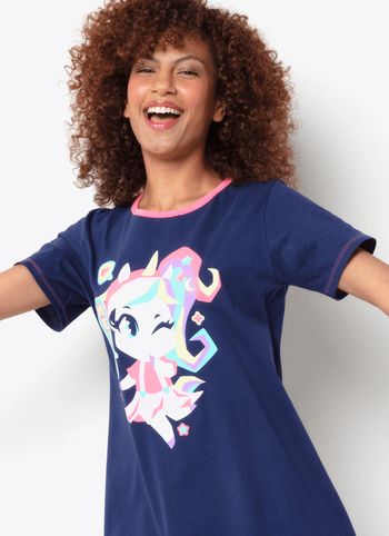 Camisola Manga Curta Algodão Feminino Unicórnio Kawaii PP