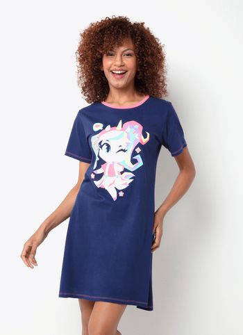 Camisola Manga Curta Algodão Feminino Unicórnio Kawaii PP