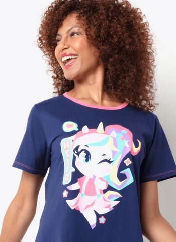 Camisola Manga Curta Algodão Feminino Unicórnio Kawaii PP