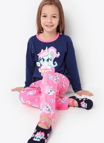 Pijama Manga Longa Algodão Menina Unicórnio Kawaii 1