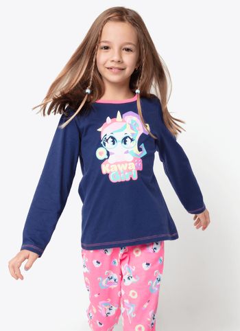 Pijama Manga Longa Algodão Menina Unicórnio Kawaii 1