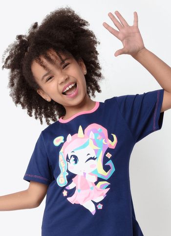 Camisola Manga Curta Algodão Menina Teen Unicórnio Kawaii 12