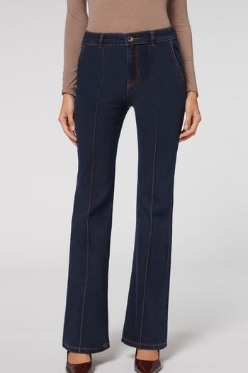 Calça Jeans Flare Com Costura Central - Azul PP / Azul