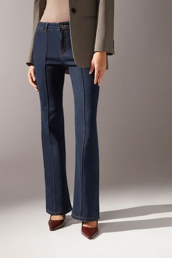 Calça Jeans Flare Com Costura Central - Azul PP / Azul
