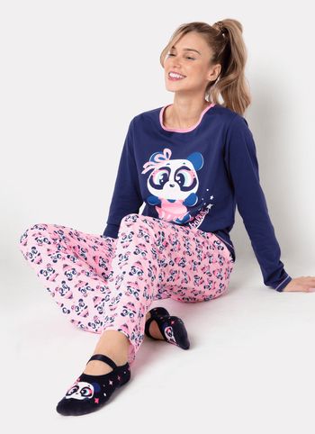 Pijama Manga Longa Feminino Algodão Panda Bailarina G