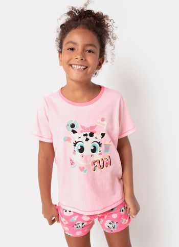 Pijama Manga Curta Menina Algodão Vaca 2 / Rosa