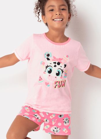 Pijama Manga Curta Menina Algodão Vaca 2 / Rosa