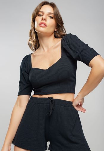 Cropped  Princesa Decote Coração Malha Canelada Preto Salvatore Fashion G / Preto