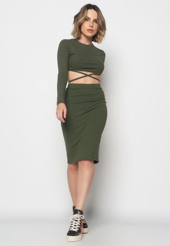 Cropped Gola Redonda Manga Longa Com Tiras Malha Canelada Verde Musgo Salvatore Fashion G