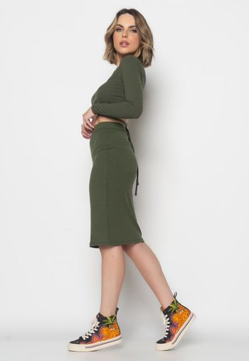 Cropped Gola Redonda Manga Longa Com Tiras Malha Canelada Verde Musgo Salvatore Fashion G