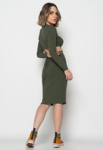 Cropped Gola Redonda Manga Longa Com Tiras Malha Canelada Verde Musgo Salvatore Fashion G