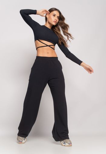 Cropped Gola Redonda Manga Longa Com Tiras Malha Canelada Preto Salvatore Fashion G / Preto