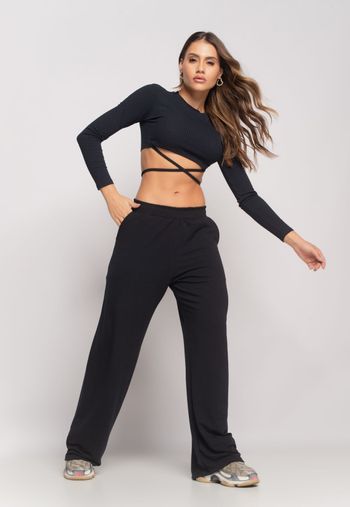 Cropped Gola Redonda Manga Longa Com Tiras Malha Canelada Preto Salvatore Fashion G / Preto