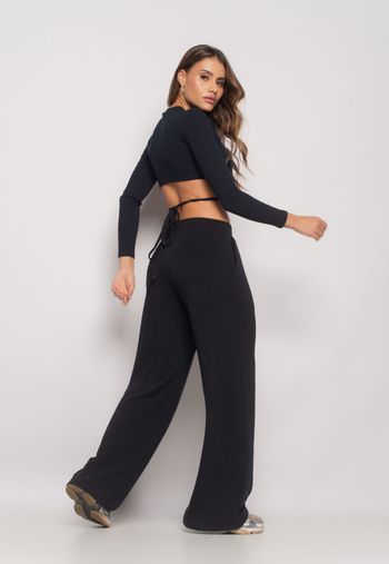 Cropped Gola Redonda Manga Longa Com Tiras Malha Canelada Preto Salvatore Fashion G / Preto