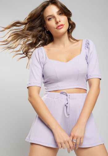 Cropped Princesa Decote Coração Malha Canelada Lilás Salvatore Fashion G / Rosa