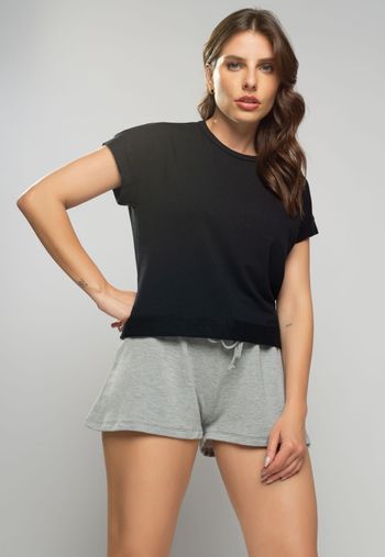 Blusa  Barra Avesso Manga Curta Malha Comfort Preta Salvatore Fashion P / Preto